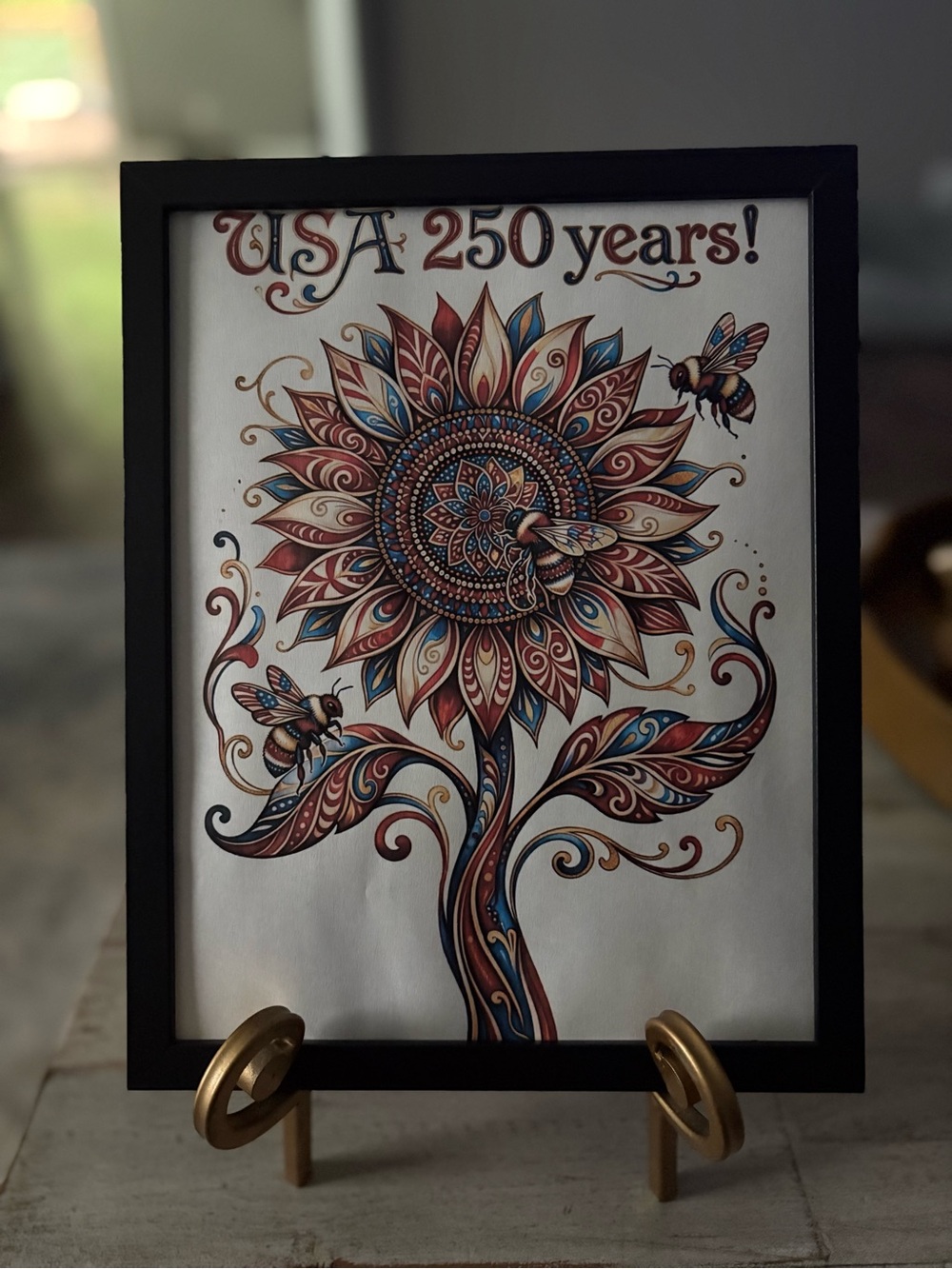 USA 250 Years Sunflower Bee Framed 8x10 Art Print